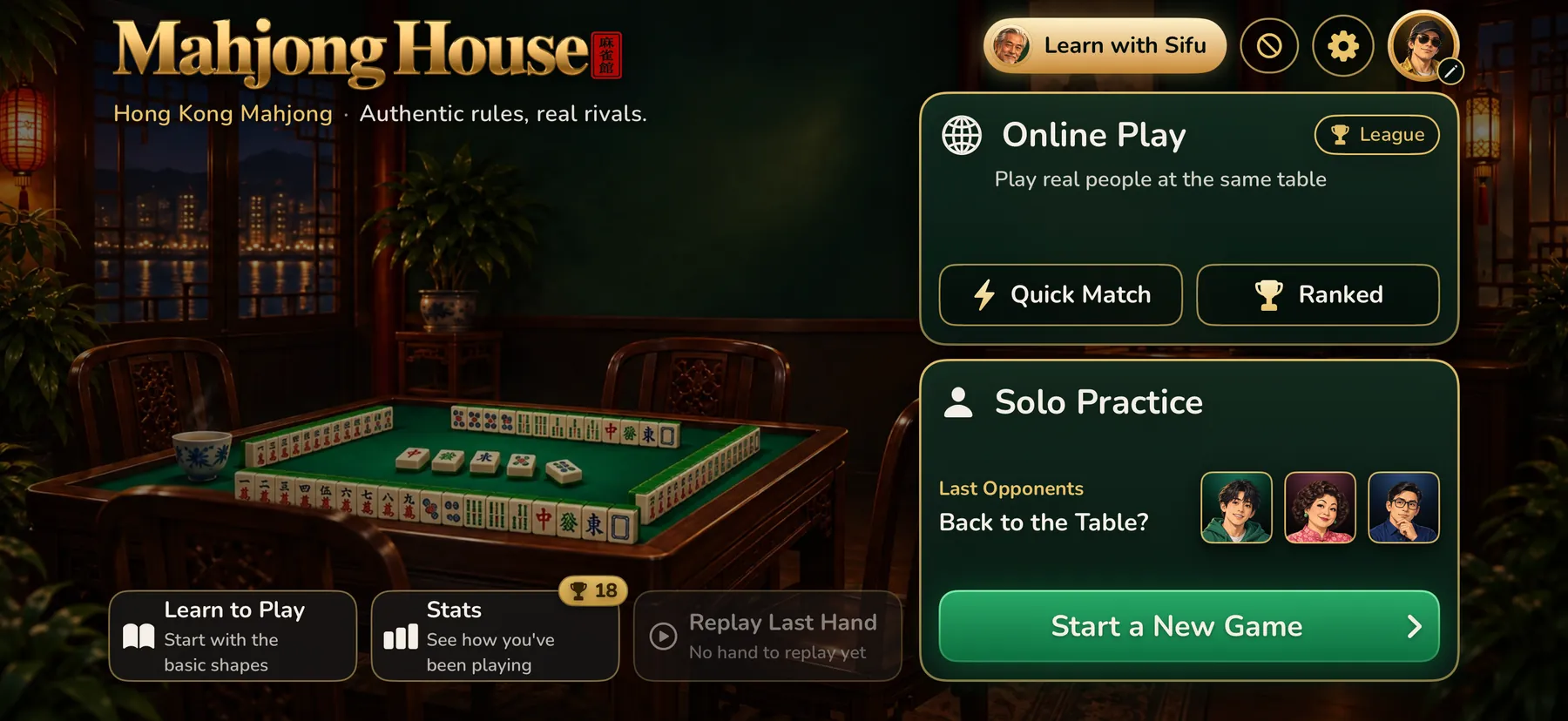 The Mahjong House home screen: the painted club room with Online Play and Solo Practice