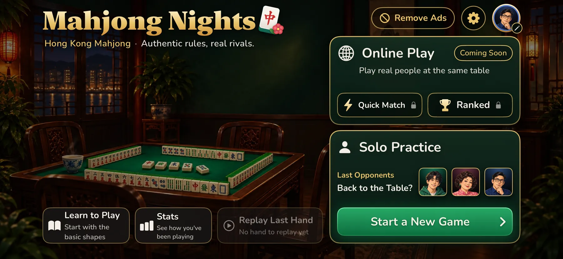 The Mahjong House home screen: the painted club room with Online Play and Solo Practice