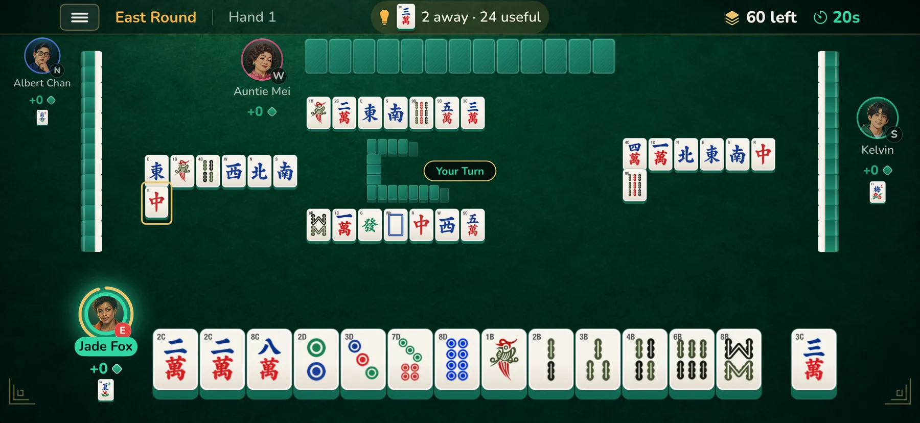 An online match in progress: four players around the table with the turn timer running