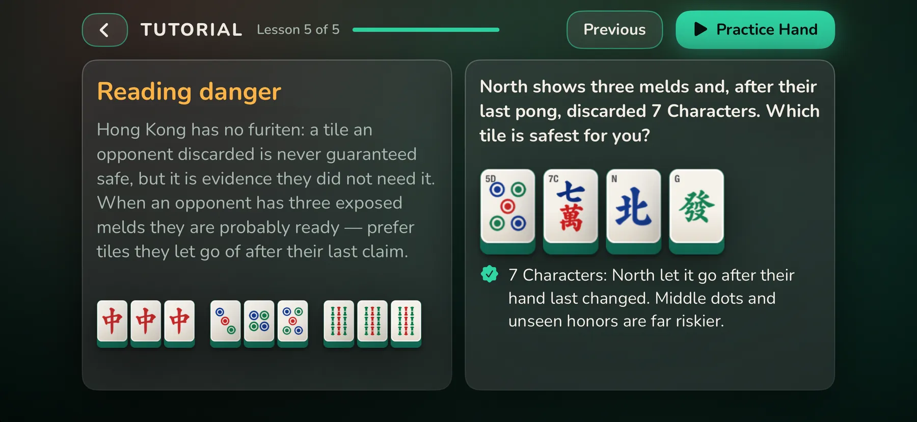 A Learn to Play lesson on reading danger, with a question about which tile is safest